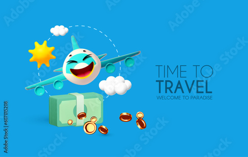 3D airplane travel concept. Booking service design. Flight cost.