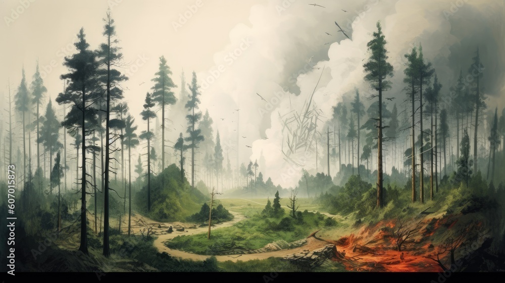 Climate change impact: Illustrations depict deforestation as a ...