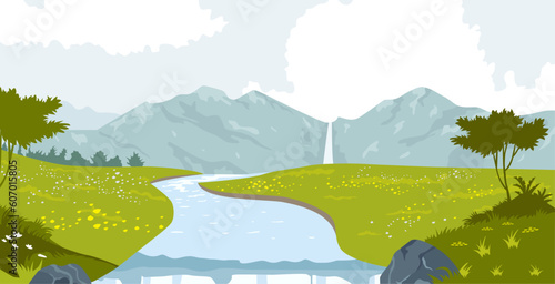 creative cover design. beautiful mountains background template with river flowing around green grass, background design for web and mobile applications. editable for stories, posts, blogs