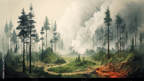 Climate change impact: Illustrations depict deforestation as a contributing factor to climate change, representing the connection between forest preservation and global warming . Generative AI