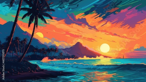 Coastal beauty: Illustrations depict scenic coastal landscapes, including rock formations, palm trees, and vibrant sunsets --ar 16:9 © SUPHANSA