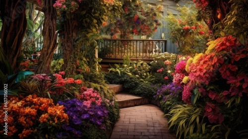 Floral paradise: Images capture the vibrant colors and beauty of well-maintained gardens, showcasing blooming flowers and manicured landscapes. Generative AI