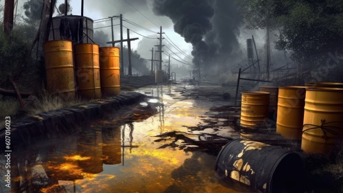 Images depict chemical spills, contaminated water sources, or hazardous waste sites, highlighting the environmental and health risks associated with chemical pollution. Generative AI