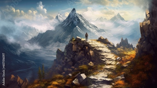 Adventurous trails. Pictures portray hikers or climbers on mountain trails, symbolizing the challenges and rewards of exploring mountainous regions. Generative AI