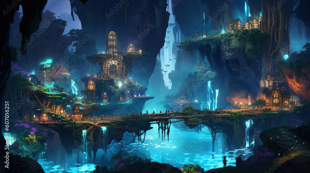 Hidden town in a cave. Generative AI Hidden town in a cave. Generative AI