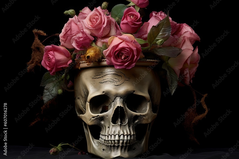 A captivating illustration of a skull nestled in a bucket adorned with delicate roses. An exquisite blend of macabre beauty, created by Generative AI