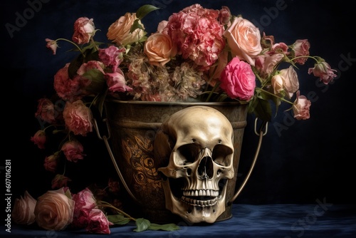 Ethereal Remnants: Skull in a Bucket, Decorated with Roses, Generative AI