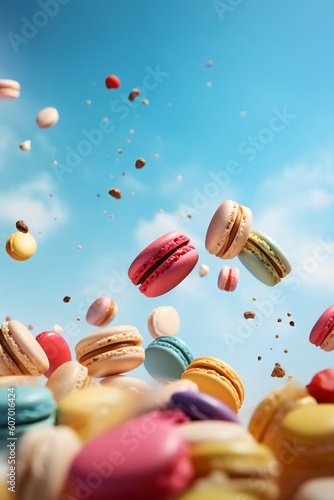 Colourful macarons fly through a blue sky, Generative Ai