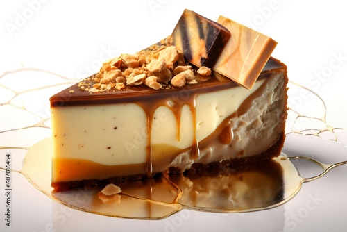 nut cheesecake dessert filled with caramel, Golden Ratio, in the style of deconstructed pop, spirited movement. Generative ai