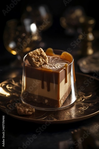 Nut cheesecake dessert filled with caramel, in the style of deconstructed pop, spirited movement, fairycore, glassy translucence, curvilinear, brown and bronze, Generative ai