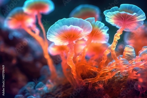 Fungus mycelium network texture in neon colors © dvoevnore
