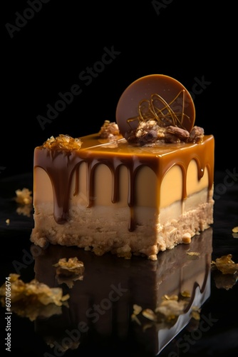 Nut cheesecake dessert filled with caramel, in the style of deconstructed pop, spirited movement, fairycore, glassy translucence, curvilinear, brown and bronze, Generative ai