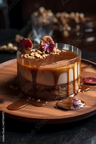 Nut cheesecake dessert filled with caramel, in the style of deconstructed pop, spirited movement, fairycore, glassy translucence, curvilinear, brown and bronze, Generative ai