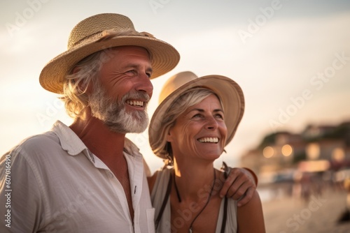 Middle age cuddling couple enjoying time on beach