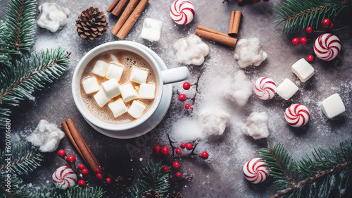 Hot chocolate with marshallows on a wooden surface with red caramel. New Year and Christmas decor and decoration. AI generated photo