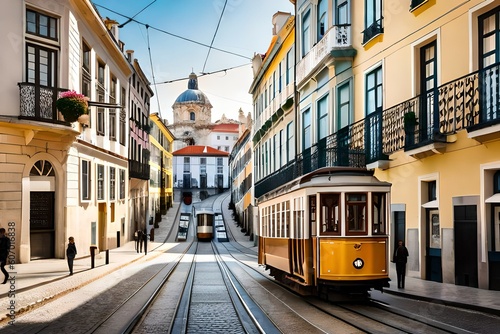 Lisbon, Portugal - Yellow tram on a street with colorful houses and flowers on the balconies - Bica Elevator going down the hill of Chiado. Generative AI photo