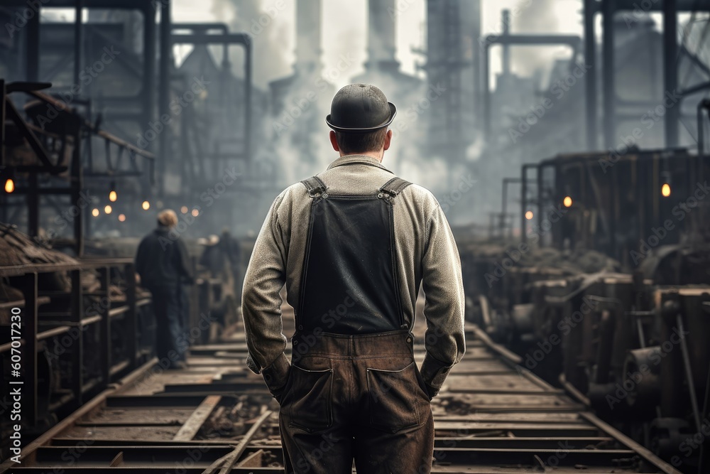 Factory man worker vintage 1800 year. Generate Ai