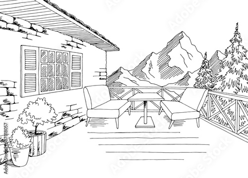 Cafe balcony in the mountains graphic black white sketch illustration vector
