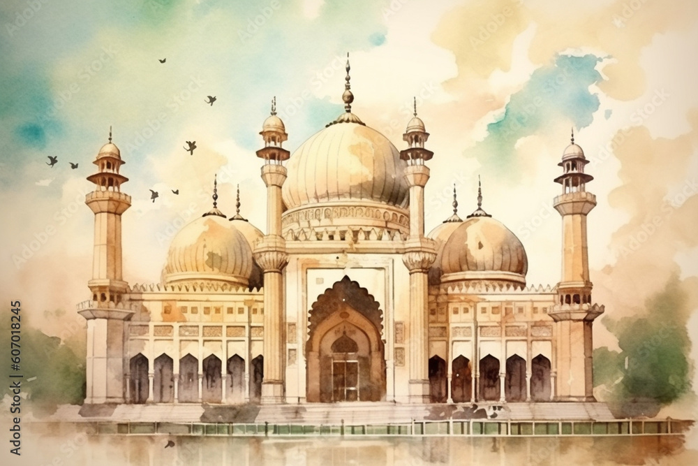 An enchanting watercolor painting of an ancient mosque with intricate architectural details, watercolor style, Islamic, Islamic background, Eid-al-Adha Generative AI