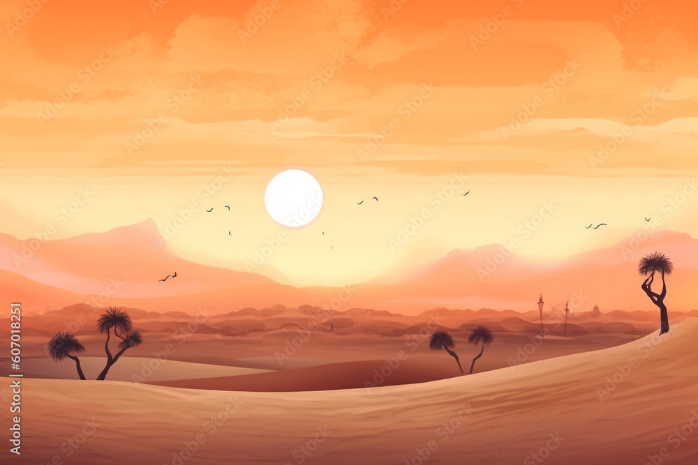 A peaceful watercolor landscape of sand dunes and a golden sunset in the desert, watercolor style, Islamic, Islamic background, Eid-al-Adha Generative AI