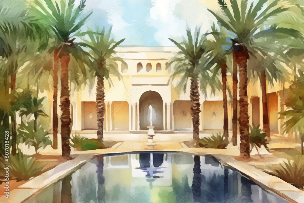Fototapeta premium A serene watercolor painting of a tranquil courtyard with palm trees and a central water feature, watercolor style, Islamic, Islamic background, Eid-al-Adha Generative AI
