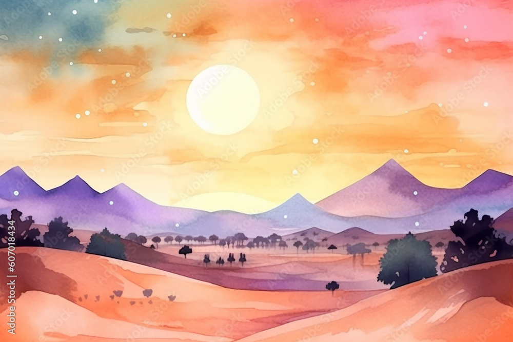 A breathtaking watercolor illustration of a sunrise over a serene desert landscape, watercolor style, Islamic, Islamic background, Eid-al-Adha Generative AI
