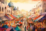 A vibrant watercolor painting of a bustling bazaar with colorful textiles and spices, watercolor style, Islamic, Islamic background, Eid-al-Adha Generative AI