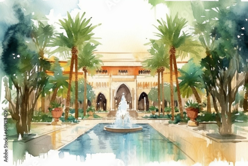 A serene watercolor painting of a tranquil courtyard with palm trees and a central water feature, watercolor style, Islamic, Islamic background, Eid-al-Adha Generative AI