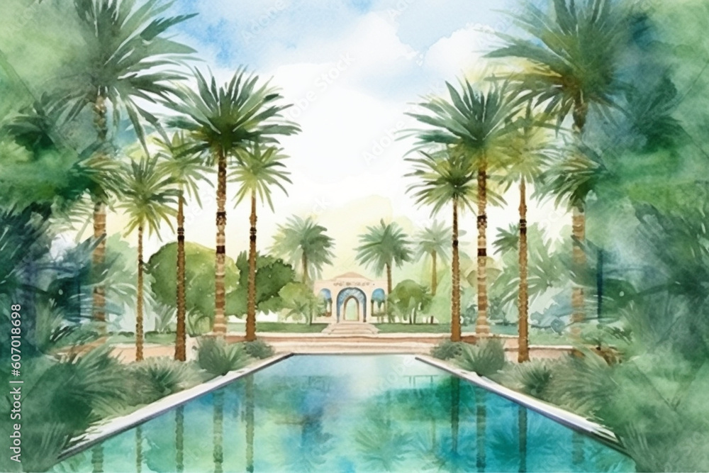 A serene watercolor depiction of a palm tree oasis with a tranquil pool, watercolor style, Islamic, Islamic background, Eid-al-Adha Generative AI