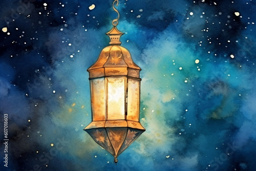 A captivating watercolor painting of a traditional Islamic lantern against a starry night sky, watercolor style, Islamic, Islamic background, Eid-al-Adha Generative AI