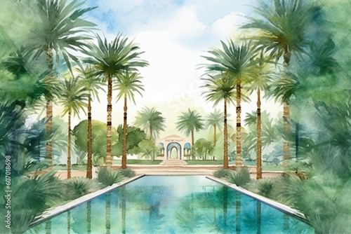 A serene watercolor depiction of a palm tree oasis with a tranquil pool, watercolor style, Islamic, Islamic background, Eid-al-Adha Generative AI