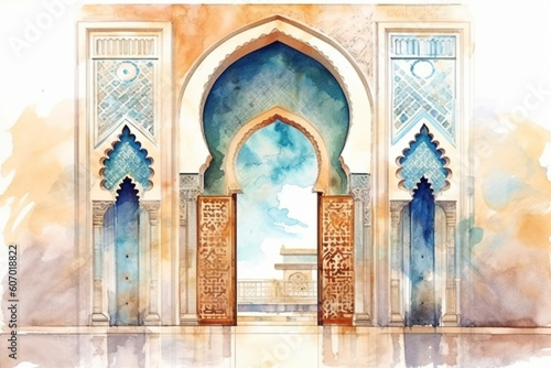 A captivating watercolor artwork of an ornate Islamic doorway with intricate carvings, watercolor style, Islamic, Islamic background, Eid-al-Adha Generative AI © Катерина Євтехова