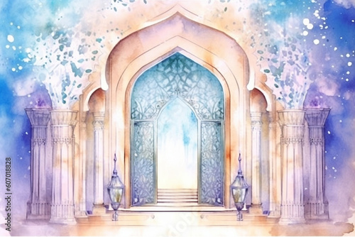 A captivating watercolor artwork of an ornate Islamic doorway with intricate carvings  watercolor style  Islamic  Islamic background  Eid-al-Adha Generative AI