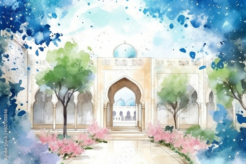Photo A tranquil watercolor painting of a peaceful mosque courtyard with trees and flo
