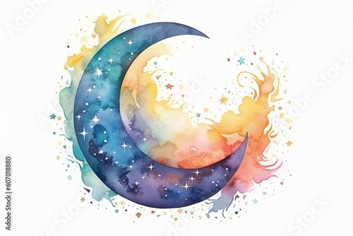 A delicate watercolor painting of a traditional Islamic crescent moon and star, watercolor style, Islamic, Islamic background, Eid-al-Adha Generative AI