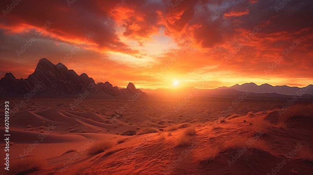 Naklejka premium Desert sunsets: Pictures showcase breathtaking sunsets over desert horizons, creating a warm and serene atmosphere. Generative AI