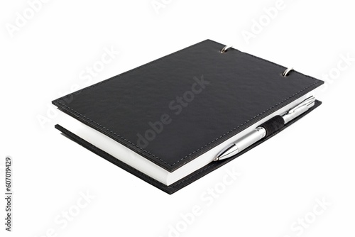 Notepad with pen isolated on a white background