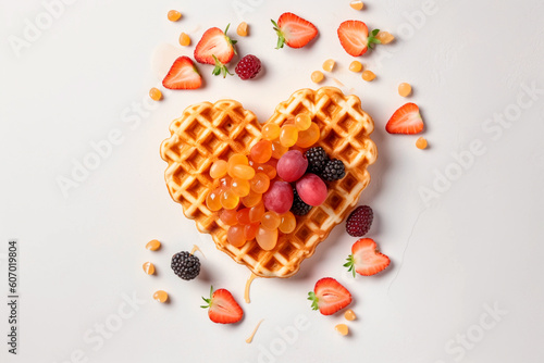 Traditional belgian waffles in the shape of hearts with fresh fruit and caramel on white background