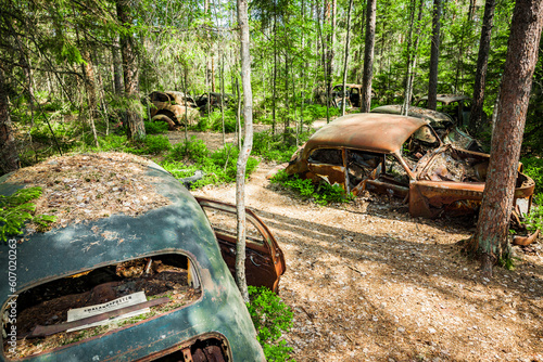 Vintage Autos in einem Autofriedhof in einem Wald