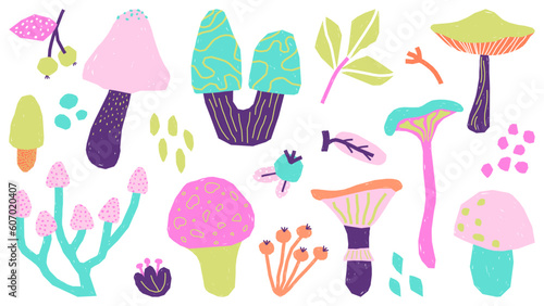 Set of abstract hand draw textures nature elements. Mushroom, berry, leaves and flower in trendy cutout style, psychedelic color. Cartoon print for card, fabric, decor, packaging, banner, post