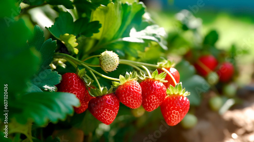 Red Strawberries growing on bushes on a farm. Generative AI