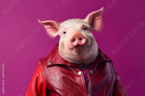 male pig in a red leather jacket