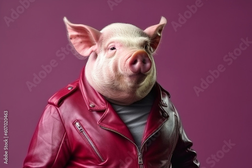 male pig in a red leather jacket