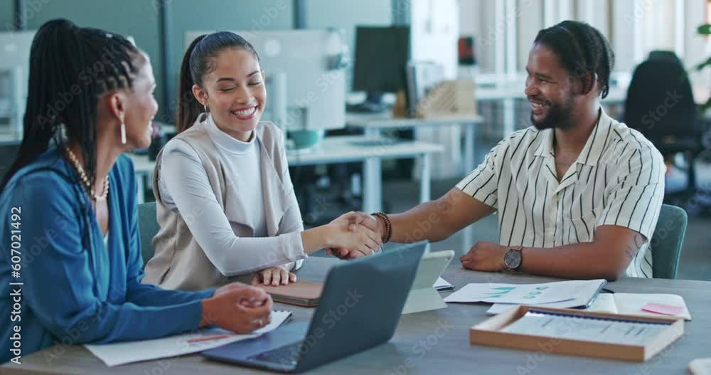 Smile, business people and handshake for partnership, deal or introduction in office. Group, employees and shaking hands for agreement, collaboration or onboarding, opportunity or welcome to company. Smile, business people and handshake for partnership, deal or introduction in office. Group, employees and shaking hands for agreement, collaboration or onboarding, opportunity or welcome to company.