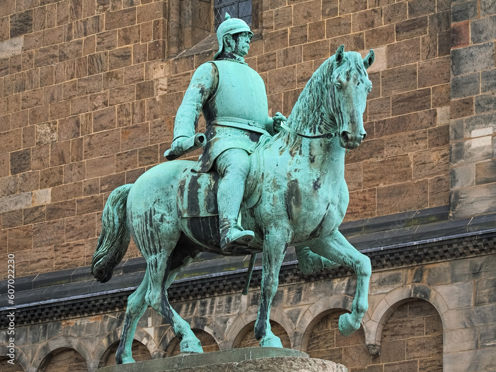 Bremen, Germany. Bismarck monument close to Bremen Cathedral. The equestrian statue of the German Chancellor Otto von Bismarck was erected in 1910.