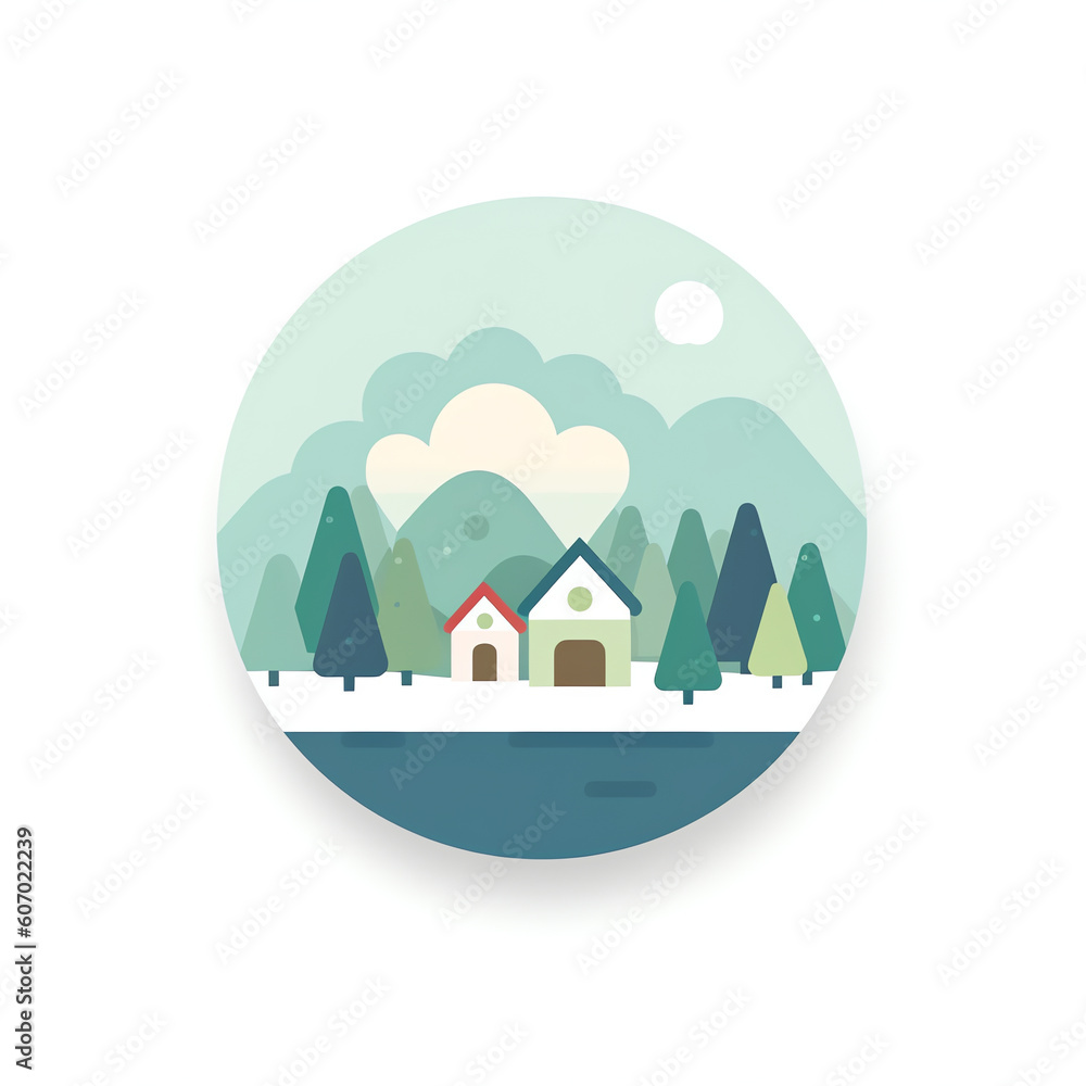 Generative AI Winter house with landscape. Cute vector illustration in flat style