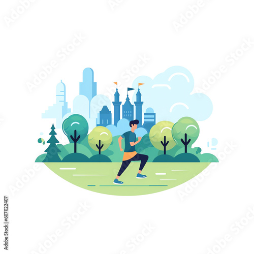 Generative AI Running landing page template. Man running in the park. Illustration for marathon, city run, training, cardio exercising. Vector illustration in flat style