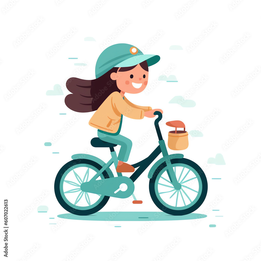 Generative AI Girl riding a bike in winter. Cute vector illustration in flat style Generative AI Girl riding a bike in winter. Cute vector illustration in flat style