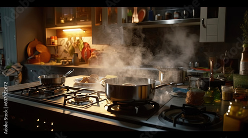 Steaming and boiling pan of water on modern heating stove in kitchen on the background of open balcony. Boiling with steam emitted from stainless cooking pot, Generative AI