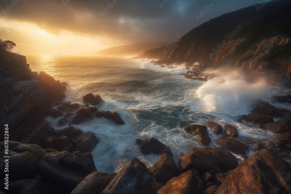 Obraz premium Illustration of a dramatic seascape under morning light. Created with Generative AI technology.